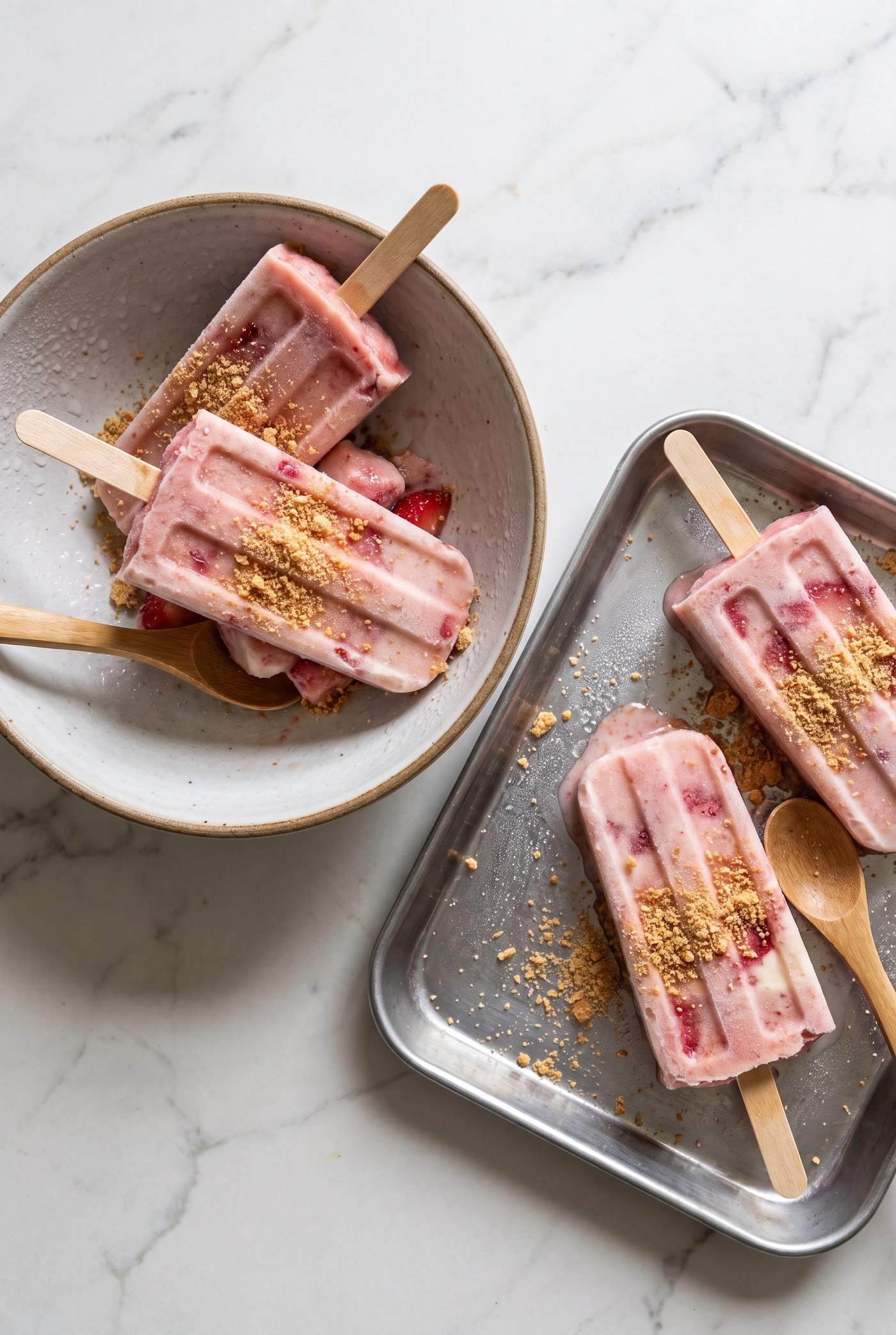 Strawberry cheesecake popsicles with graham crumbles on top, arranged in a bowl and on a metal tray