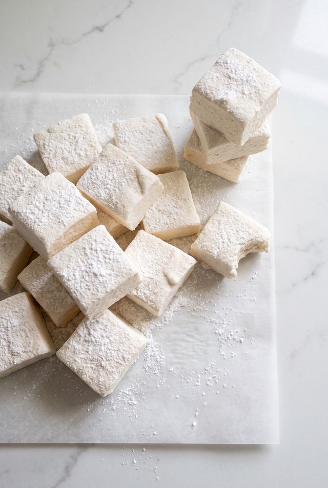 A batch of homemade sugar-free vanilla marshmallows cut into squares and dusted with a light coating