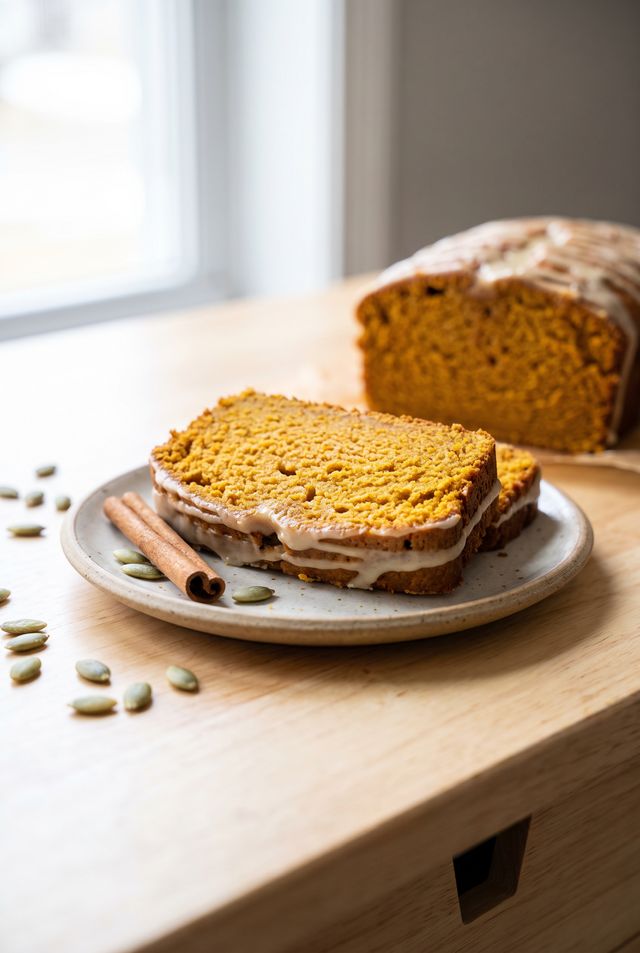 A sliced sugar-free pumpkin loaf cake with a light glaze drizzled over the top