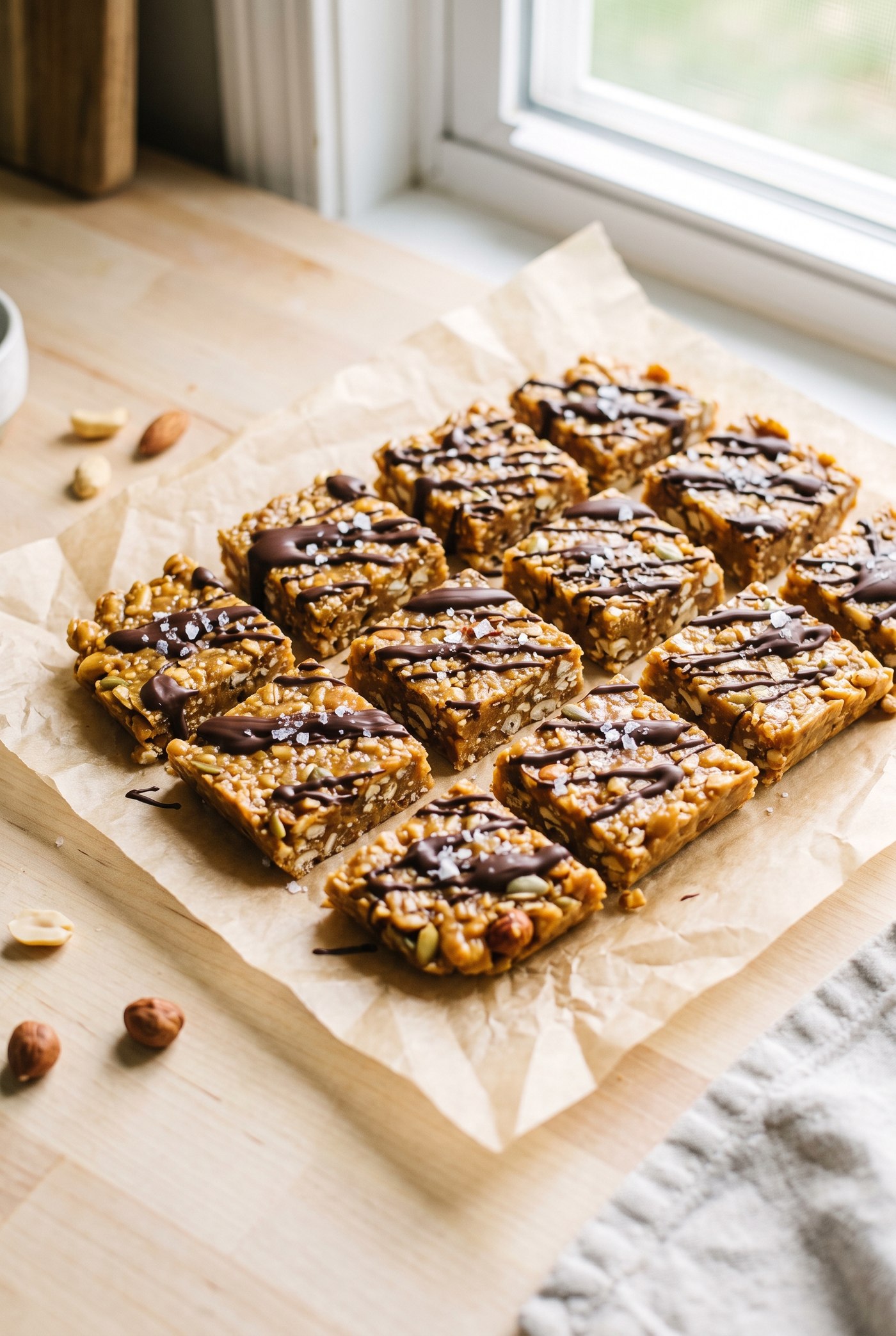 Stacked toffee protein bars with toasted almond pieces on top