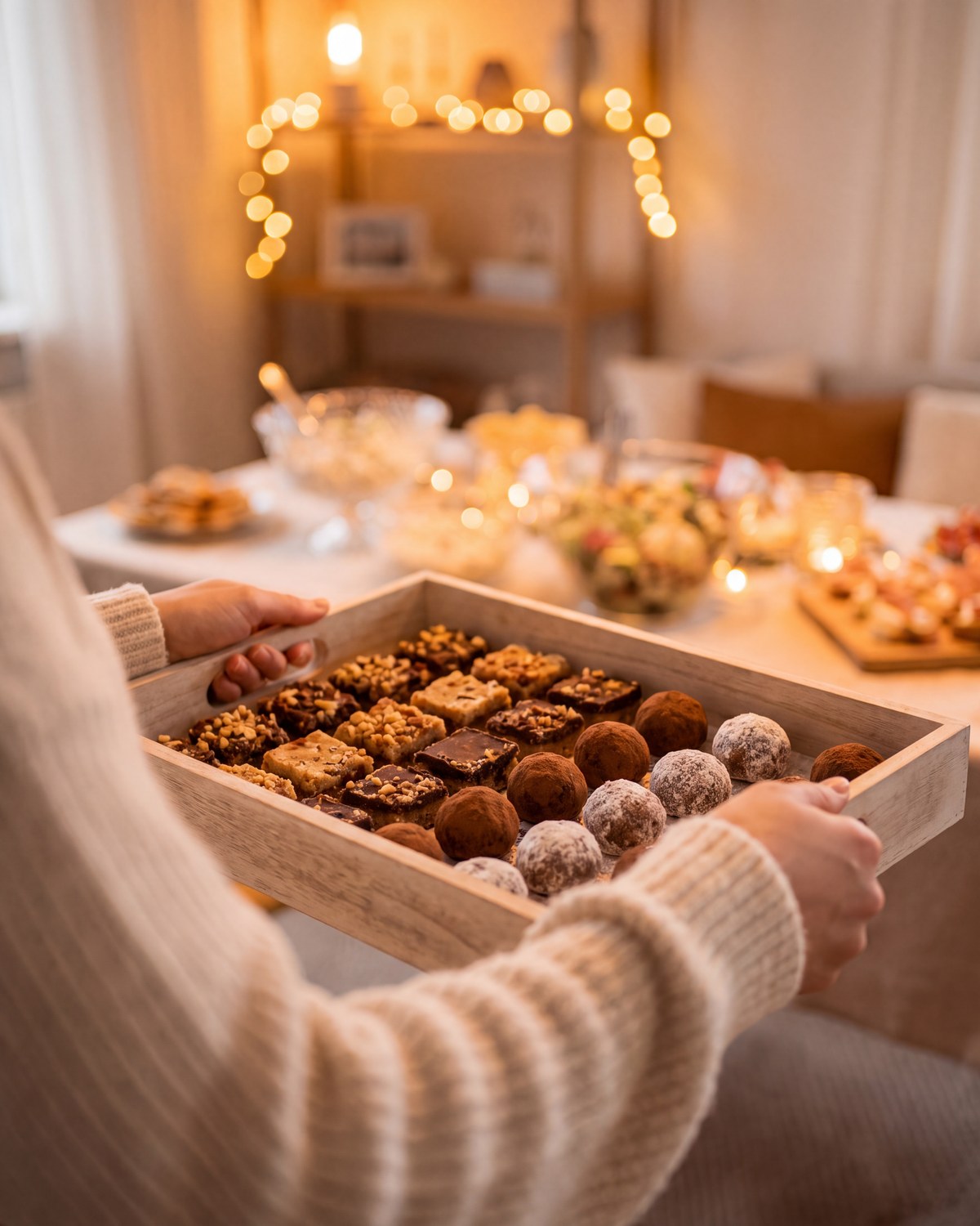 A tray of dessert bars and bites being carried into a warmly lit room
