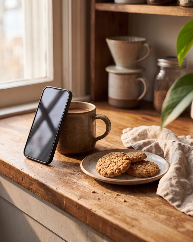 A phone propped against a mug on a kitchen counter next to a small plate of cookies