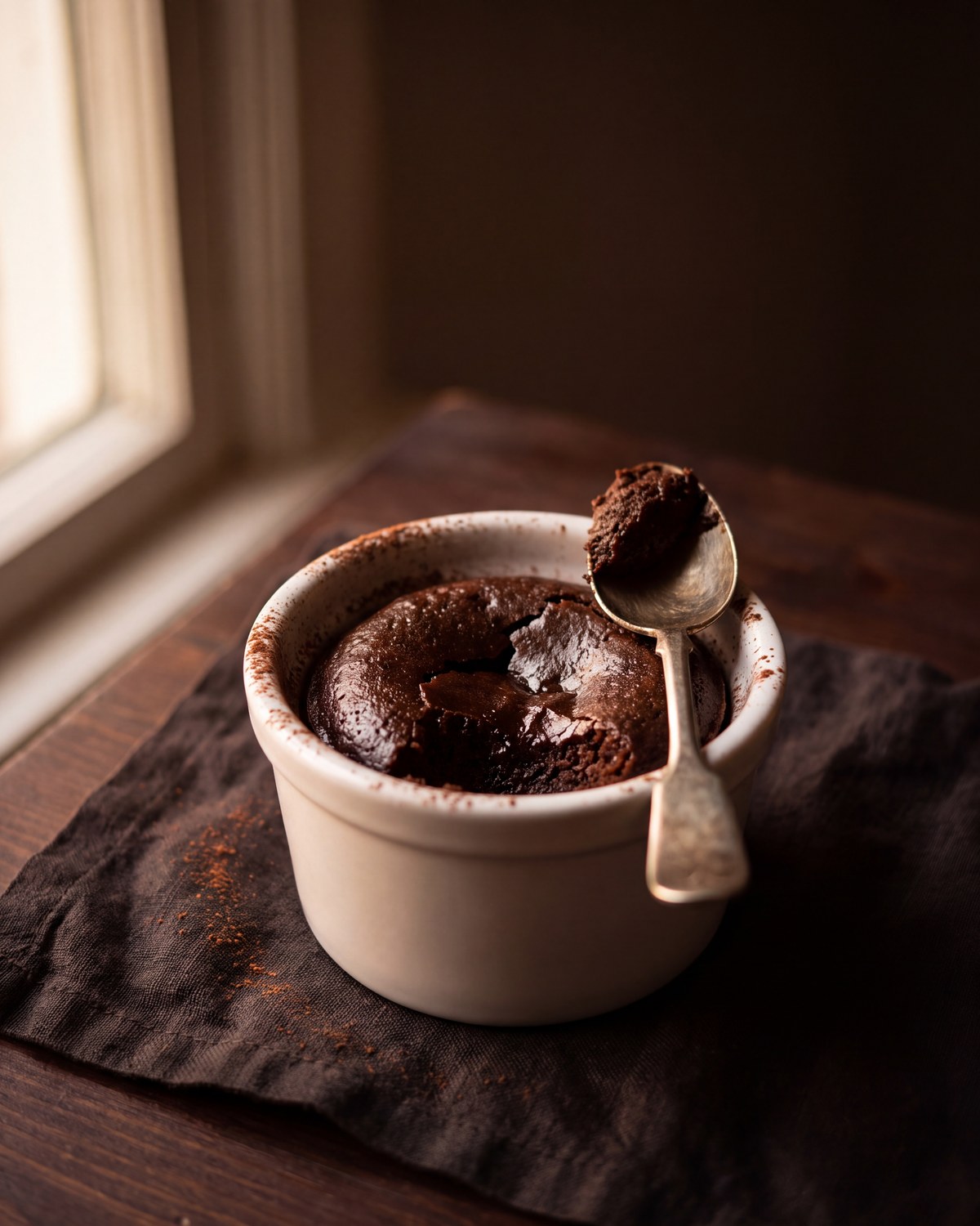 A single ramekin of warm chocolate mug cake with a spoon resting in it