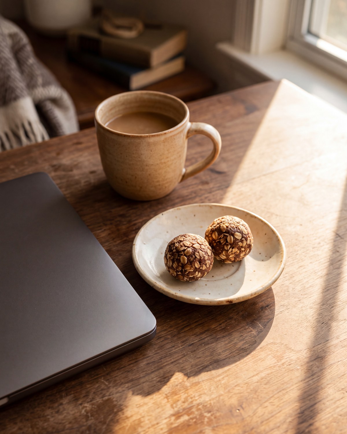 A small plate of energy bites beside a laptop and a mug on a desk in late afternoon light