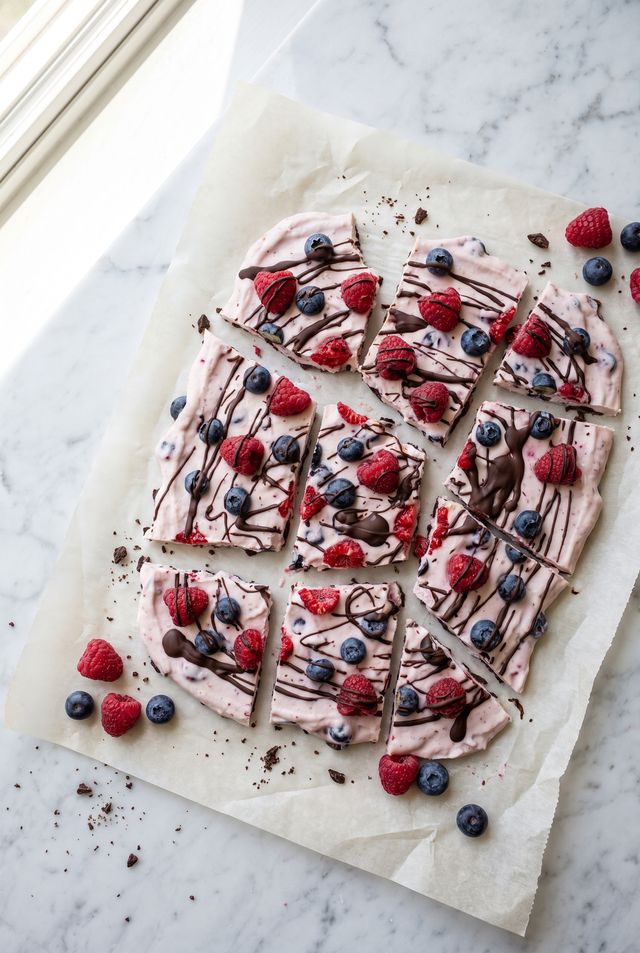 Dark chocolate berry frozen yogurt bark broken into shards with fresh raspberries and blueberries